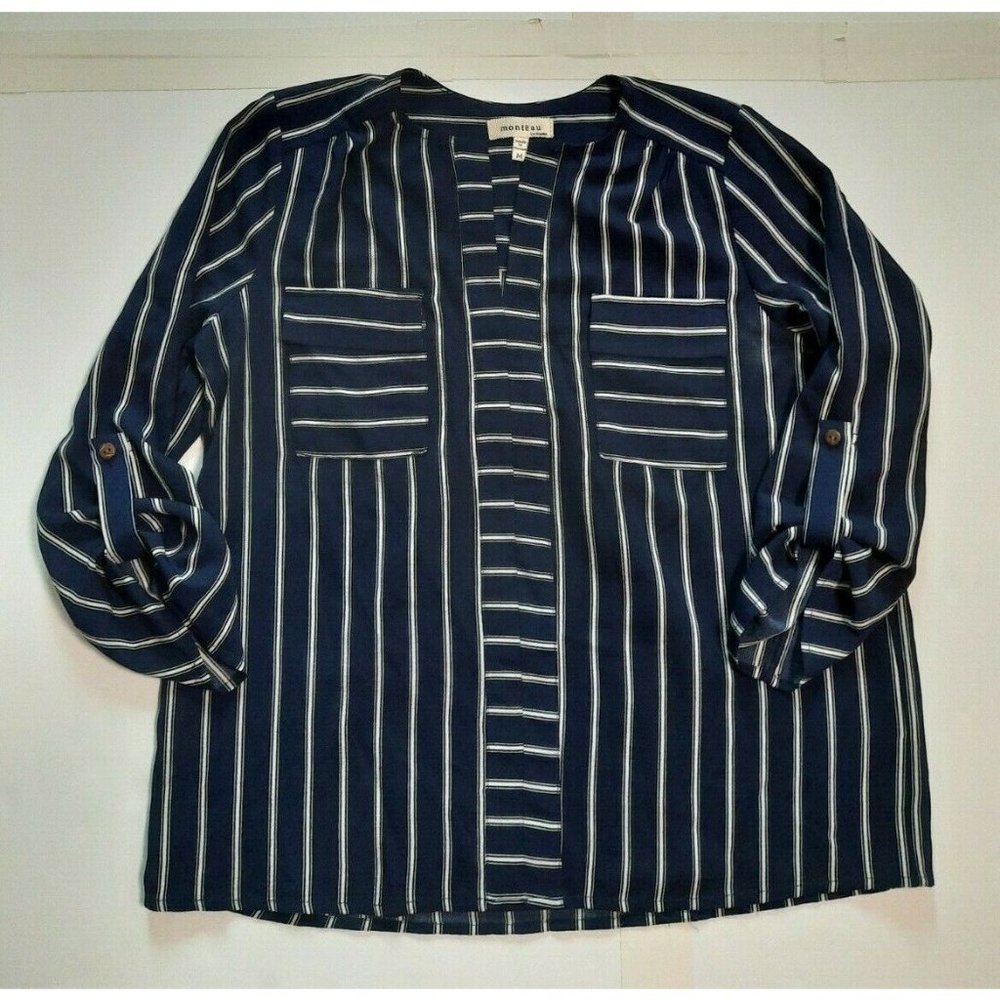 Monteau womes blue striped pullover long sleeve v-neck blouse shirt size Medum M